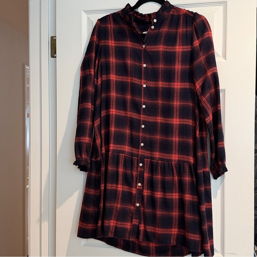 LOFT plaid flannel drop waist Orange navy Mini shirt Dress Size XS